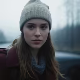 the young woman in a winter hat is staring