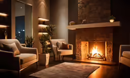 the fireplace is lit with no candles in it