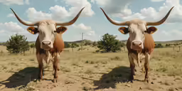 two large longhorns with horns standing in an empty field