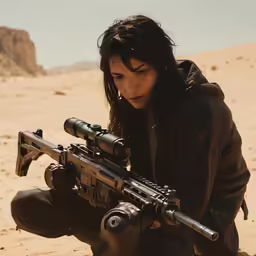 a woman crouching with her rifle in the desert