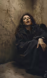 a woman sitting on top of a brown chair