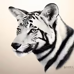 a pencil drawing of a white tiger with black and grey markings