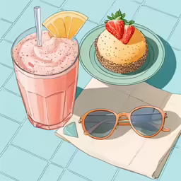 a plate of food with a slice of cake and sunglasses