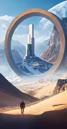 man walking into a giant geometric structure in a desert