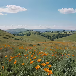 a field with orange flowers and green rolling hills