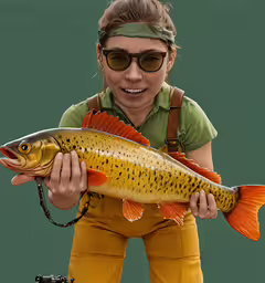 a girl holding onto an image of a fish,a girl holding a large brown fish on a string