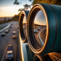 a traffic filled highway viewed in a round mirror