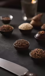 small bowls containing chocolates are placed next to knife