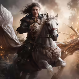 a female fantasy warrior riding a horse in a fantasy landscape