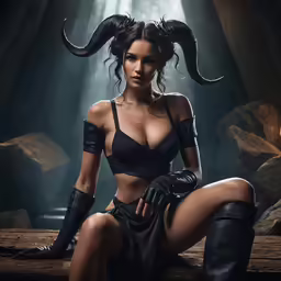 a sexy woman with horns sits on a log