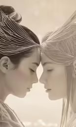 two girls in dresses with white hair kissing