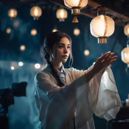 the woman in a robe stands and prays