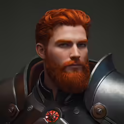 a redhead man with an orange beard and a metal armor
