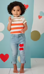 a young girl is wearing jeans and a t - shirt