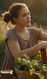 a woman sitting in a chair with flowers in the basket