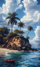 an island with three palm trees near a beach