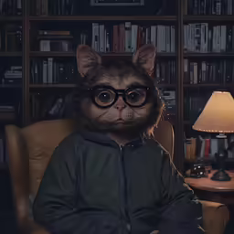 a raccoon wearing glasses sits in a chair