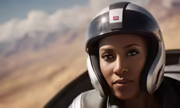 a young woman wearing an old motorcycle helmet