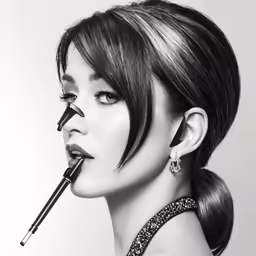 a woman has her nose wrapped around the handle of a pen