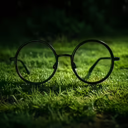 some kind of black rimmed glasses sitting on a green lawn