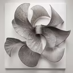 a metal sculpture with white walls and silver shapes