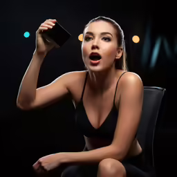 a women with a surprised expression on her face holding an object