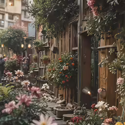 many different plants growing outside of small wooden buildings