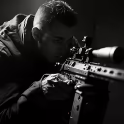 a black and white photo of a man holding an rifle