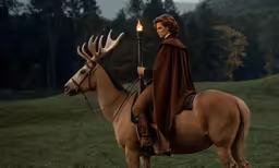 the man in brown jacket riding on top of a horse with antlers