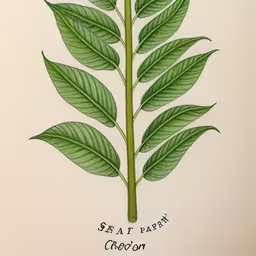 this is a colored drawing of a plant and its leaves,a green plant with leaves on a white background