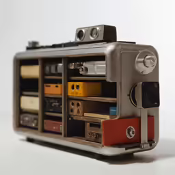an old radio recorder on white with multiple buttons