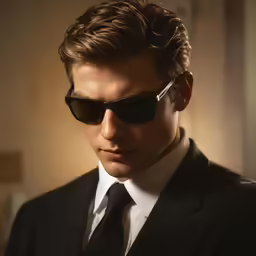 a close up of a person wearing a suit and tie