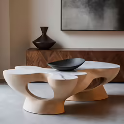 a large white table with black bowls and a wooden cabinet