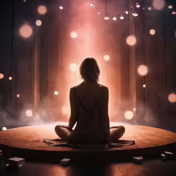 a woman sitting in a lotus position on the ground looking into a lit up room