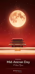 a poster showing the moon and benches on a beach