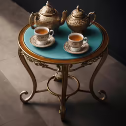 a table with two cups and a tea pot