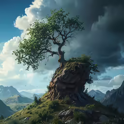 there is a very big tree sitting on a small hill