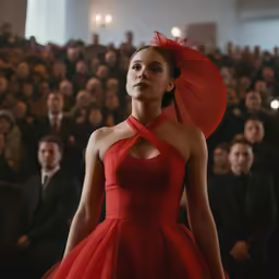a young woman wearing red wears a red halter dress