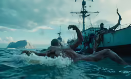 a man laying on his back in the water with a ship behind him