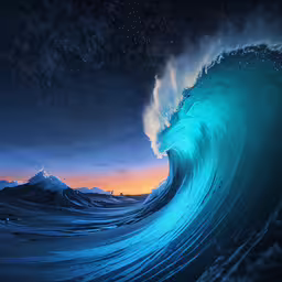 a wave in the ocean is seen from under a star filled sky,a large ocean wave coming toward the camera