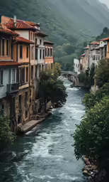 a river that is next to a row of buildings