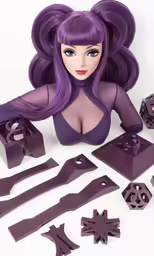 a doll that is laying down next to purple objects