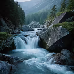 there is some very pretty waterfalls running between rocks