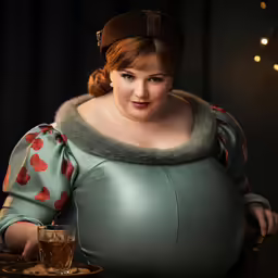 a woman wearing a fat outfit is sitting down in a chair with a glass of whiskey