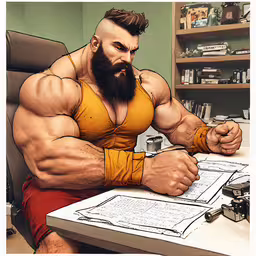 a cartoon man with a beard, sitting at a desk in front of some papers,a man with a beard wearing yellow and holding his hands open sitting at a desk
