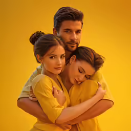 two people hugging each other with yellow background
