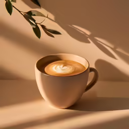 coffee cup with latte art on table in sunlight