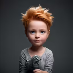 a little boy with red hair and a camera