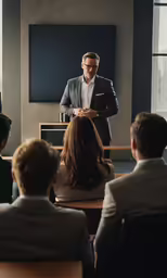 the man is delivering his presentation to a group