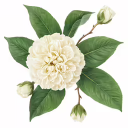 a drawing of a white peony with green leaves